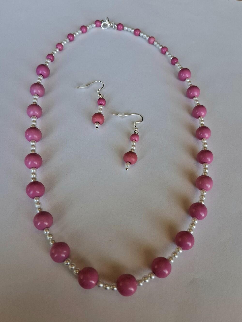 Pink Beaded & White Pearl 20" Necklace & Earrings Set - Handmade Women Jewelry